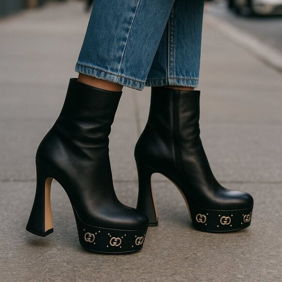 Gucci Janaya GG Logo Leather Platform Ankle Boots - Picture 11 of 11